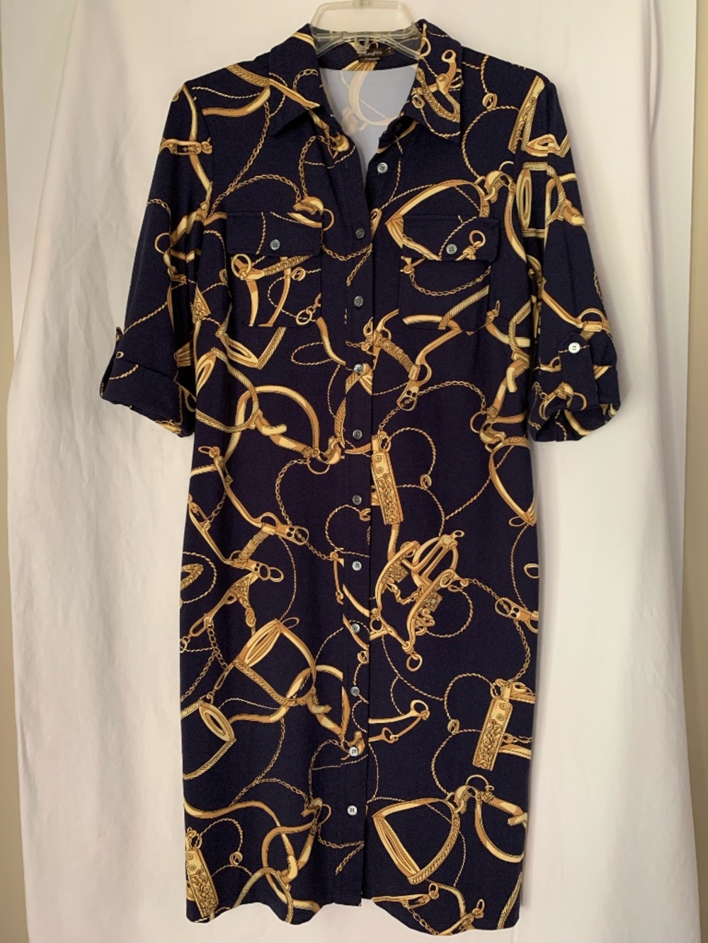 J Mclaughlin dark blue tailored shirt dress w/ gold equestrian chain print
